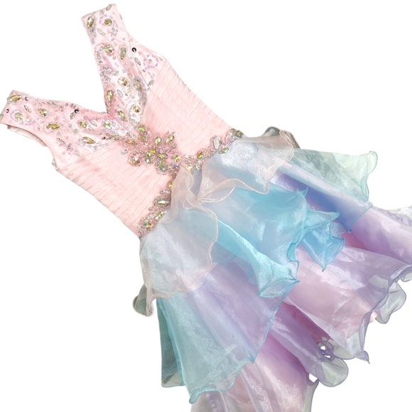 MacDuggal Princess Prom Dress Pink/Purple/Blue Organza Tiers V-neck Jeweled Sz 2 - Picture 2 of 12